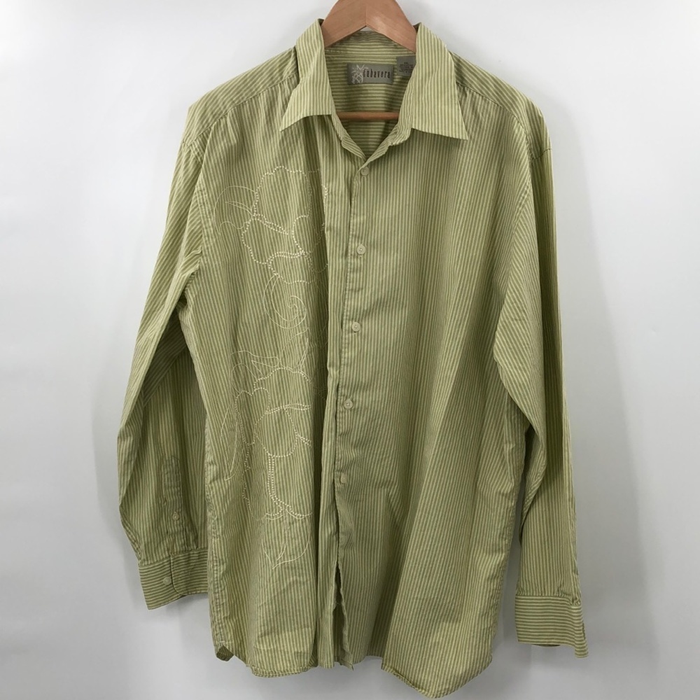 Cubavera Long Sleeved Button Down Green Vertical Striped Shirt Size XXL Floral
